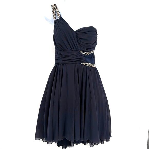 Jodi Kristopher One Shoulder Cocktail Dress 3 Holiday Navy Rhinestone Chiffon - Picture 1 of 15